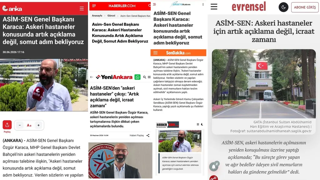 ASİM- SEN’in Askeri Hastaneler Uyarısı Basında