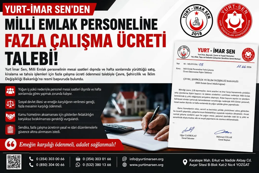 Milli Emlak Çalışanlarının İş Yoğunluğu Nedeniyle Fazla Mesai Talebine İlişkin Bakanlığa Yazı Yazdık